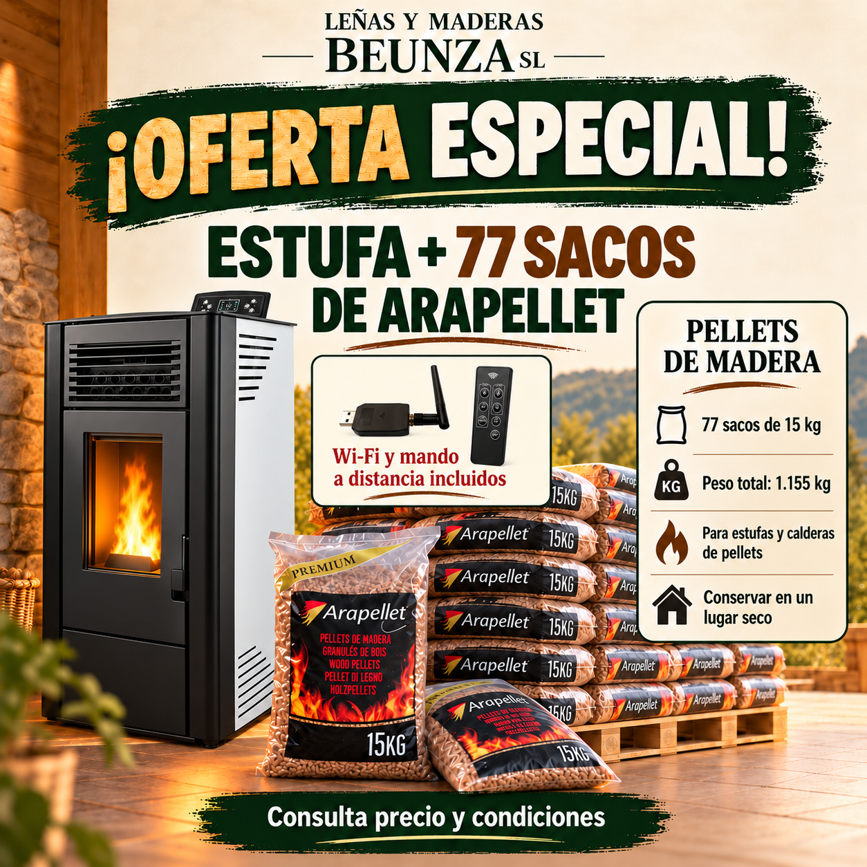 Estufa de pellets 11 kW+77 sacos de pellet en Oferta