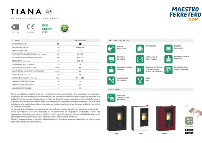 Estufa de Pellets Canalizable TIANA de 10 kW Negra - Imagen 3